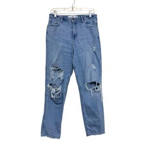 HOLLISTER High-Rise Mom Jean Curvy Distressed Ripped Blue Ankle Stretch size 9